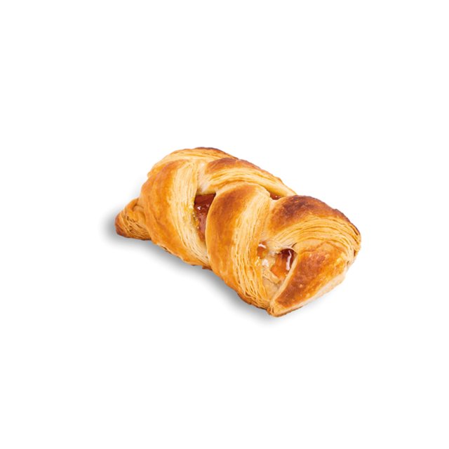 Braided pastry with golden-brown crust and visible fruit filling, isolated on a white background.