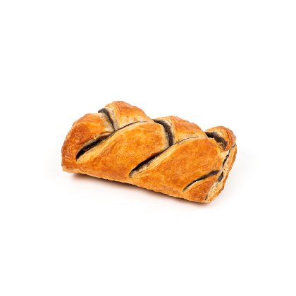 Golden puff pastry braid with dark chocolate filling, on a plain white background.