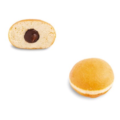Round golden-brown filled doughnut, shown whole and sliced in half to reveal chocolate filling inside.