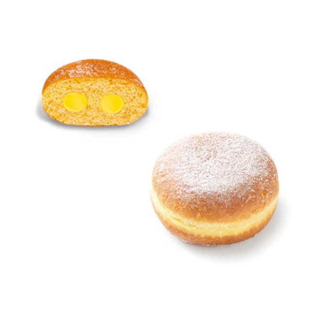 A whole powdered-sugar-dusted doughnut beside a cross-section showing two pockets of yellow custard filling.