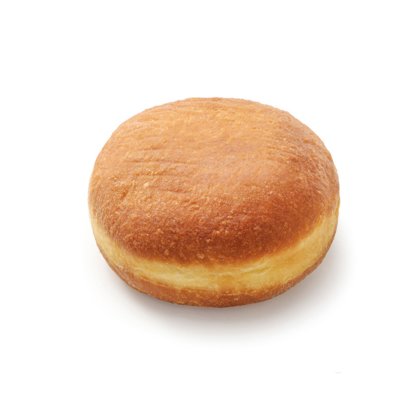 Round golden-brown filled doughnut with no hole, unglazed, on a plain white background.