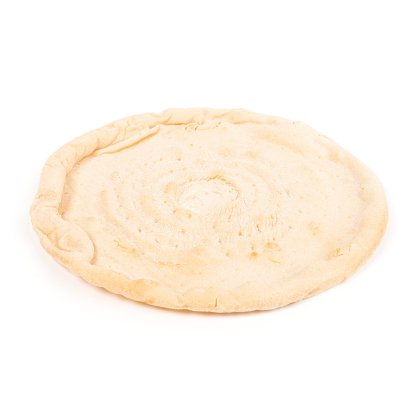 Round, unbaked flatbread dough with a raised edge and swirled texture on a plain white background.