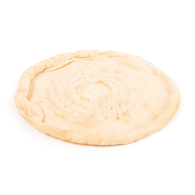 Round, unbaked flatbread dough with a raised edge and swirled texture on a plain white background.