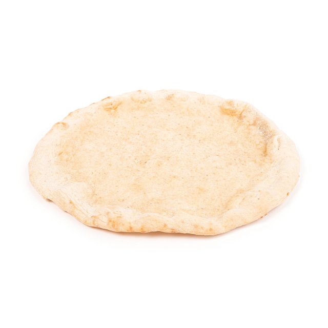 Round, unbaked pizza dough crust with a textured raised edge, shown on a plain white background.