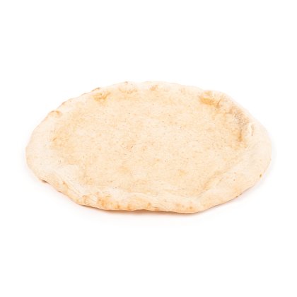 Round, unbaked pizza dough crust with a textured raised edge, shown on a plain white background.