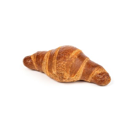 A golden-brown croissant with a curved shape, photographed on a white background.