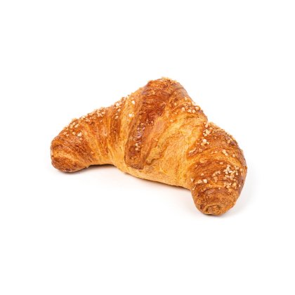 Golden-brown croissant with a crunchy sugar-crystal topping, curved shape, on a plain white background.