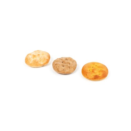 Three round bread rolls of different types on a white background, including a whole wheat roll and two white rolls.