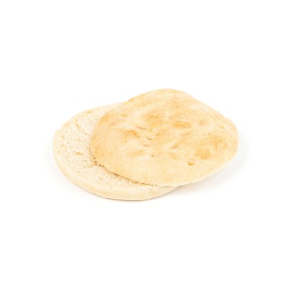 Two round flatbreads with golden tops stacked slightly askew on a white background.