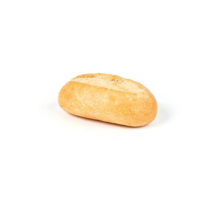 Small golden-brown oval bread roll with a scored top, on a plain white background.