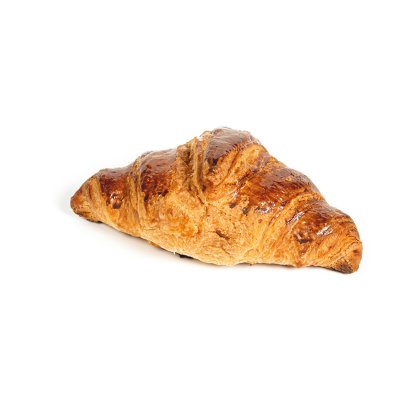 Golden-brown baked croissant with a glossy, flaky crust on a white background.
