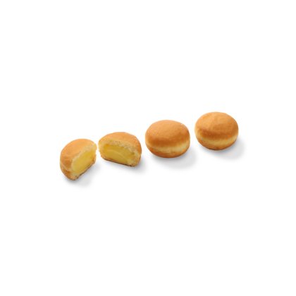 Four round cream-filled donuts on a white background, with one cut open showing yellow custard filling.