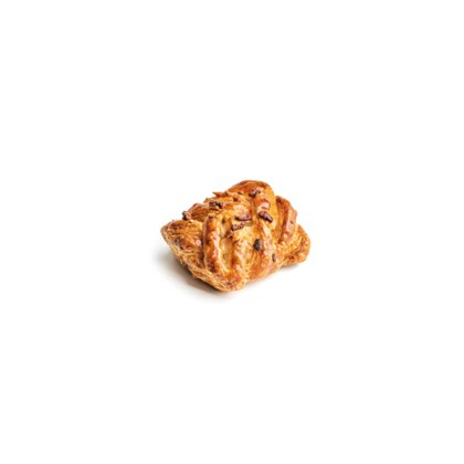 Golden-brown braided pastry with chocolate chip pieces, glazed and flaky, on a plain white background.