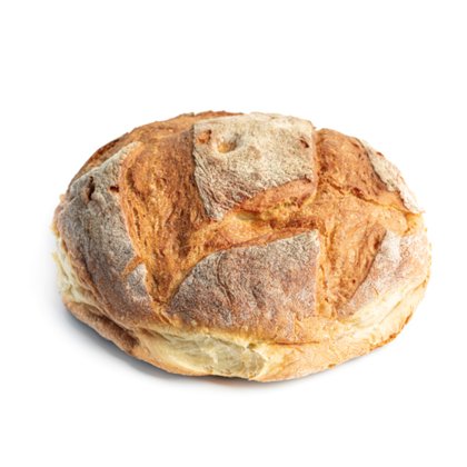 Round loaf of crusty artisan bread with a flour-dusted, scored golden-brown crust, on a white background.