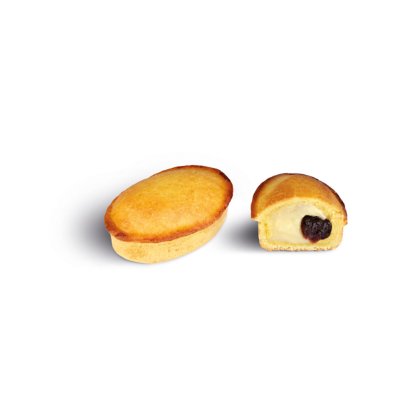 Two oval sponge cakes, one whole and one sliced open revealing a cream filling with a dark berry center.