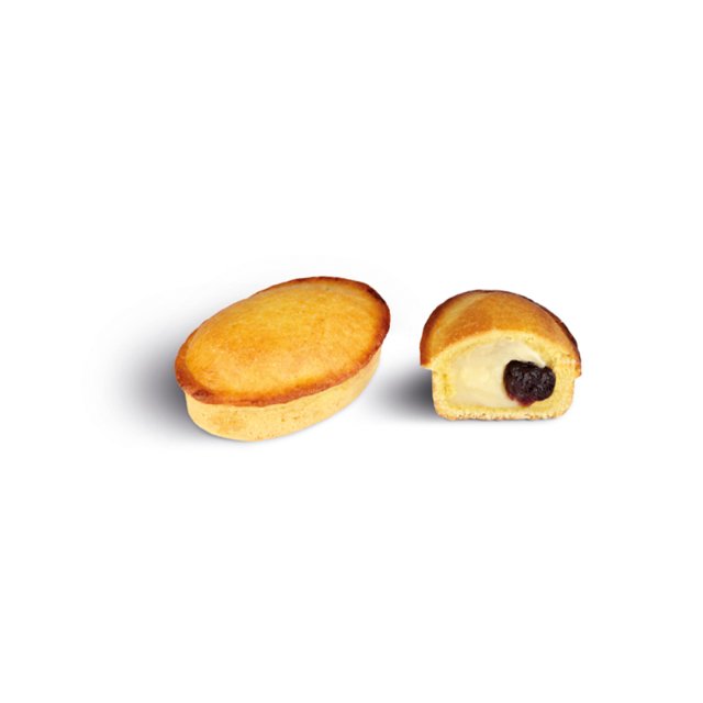Two oval sponge cakes, one whole and one sliced open revealing a cream filling with a dark berry center.