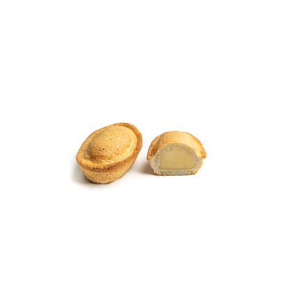Two oval-shaped baked pastries with golden crust, one whole and one sliced showing a pale creamy filling.