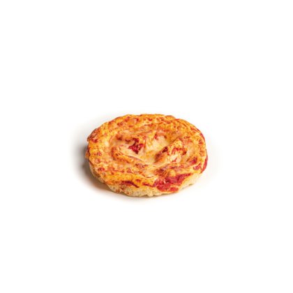Round mini pizza with melted cheese and tomato sauce, browned crust edges, on a white background.