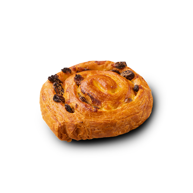Golden-brown spiral pastry with raisins baked into the swirled dough, set against a plain white background.