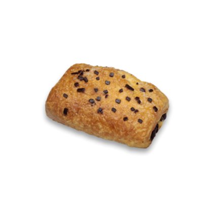 Golden chocolate croissant pastry with dark chocolate chunks on top, isolated on a white background.