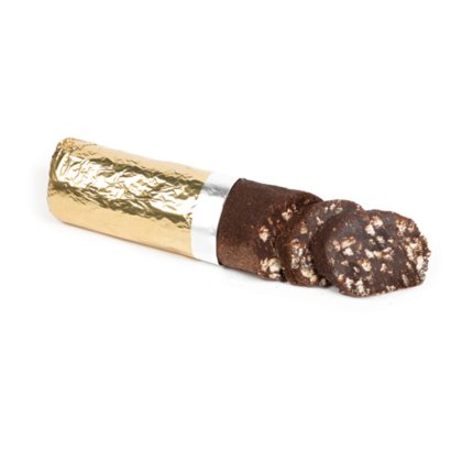 Chocolate salami-style dessert log wrapped partly in gold foil, with slices cut showing nutty, speckled interior.