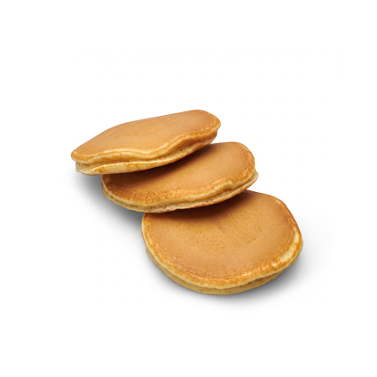 Stack of three golden-brown pancakes arranged in a staggered pile on a white background.