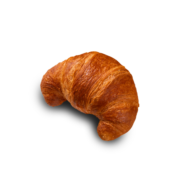 Golden-brown curved croissant with flaky, glossy layers on a white background.