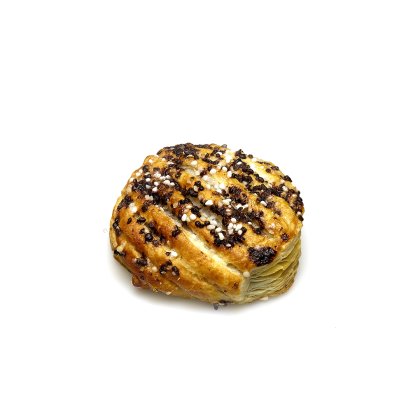 Round golden pastry topped with chocolate chunks, sesame seeds, and pearl sugar, on a white background.