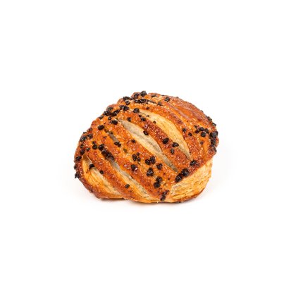Golden-brown flaky pastry roll topped with poppy seeds and coarse sugar, isolated on a white background.