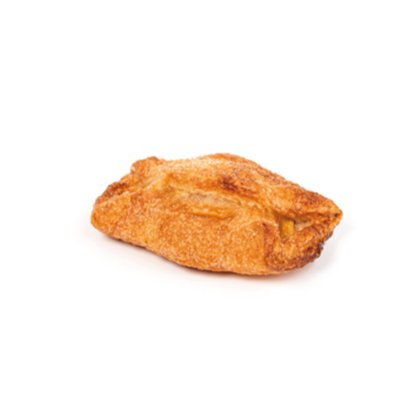 Golden-brown baked pastry turnover with a flaky crust, filled with a savory or fruit filling, on a white background.