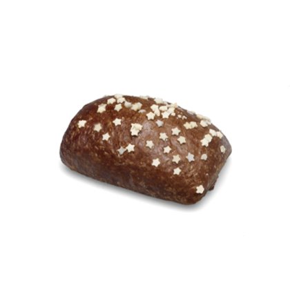 Small glazed gingerbread loaf topped with white star-shaped sugar sprinkles, on a white background.