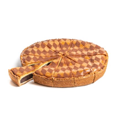 Round tart with a checkered brown and tan pattern on top, pre-cut into slices, with one slice pulled out showing dark...