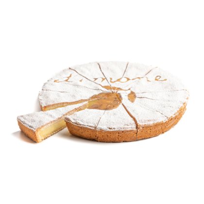 Round lemon cake dusted with powdered sugar, "limone" written in cursive on top, with one slice cut and pulled out.