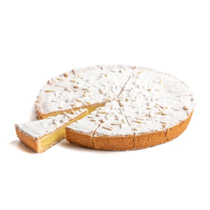 Round tart with creamy filling and pine nuts, dusted with powdered sugar, cut into slices on a white background.