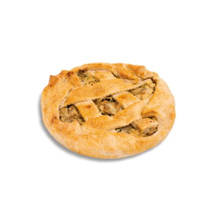 Golden-baked savory pie with a lattice crust top, filled with a vegetable and herb mixture, on a white background.