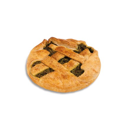 Round pie with golden lattice crust top and dark green filling, isolated on a white background.