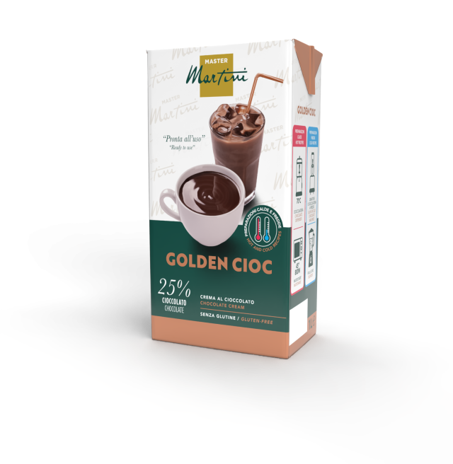 Master Martini Golden Cioc chocolate cream carton, 25% chocolate, gluten-free, ready-to-use hot and cold beverage mix.