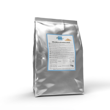 Silver 1kg foil bag of Martini Granella di Nocciole (chopped hazelnuts) with blue product label, on white background.