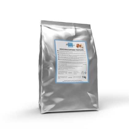 Silver 1 kg stand-up pouch of Martori whole roasted hazelnuts (Nocciole Intere Tostate) with a light blue label.