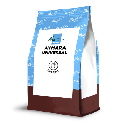 Stand-up pouch of Martini Gelato Aymara Universal, blue patterned top and brown bottom with white label.