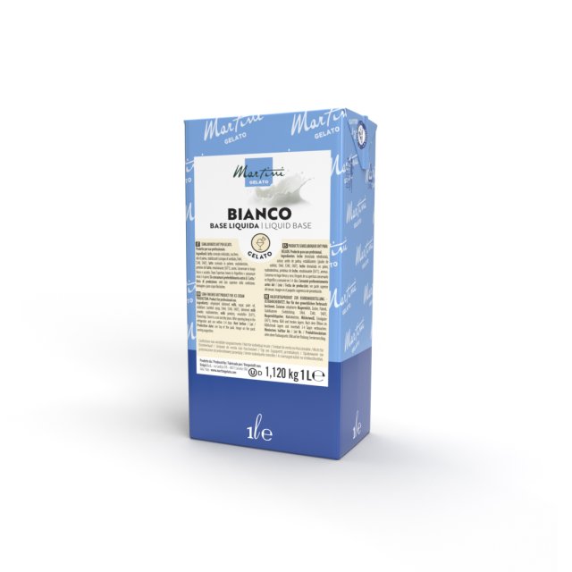 Blue and white 1-liter carton of Martini Gelato Bianco liquid base for professional ice cream making.