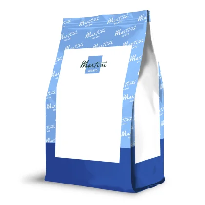 Blue and white stand-up pouch bag with repeating "Martini Gelato" pattern and a blank white label in the center.