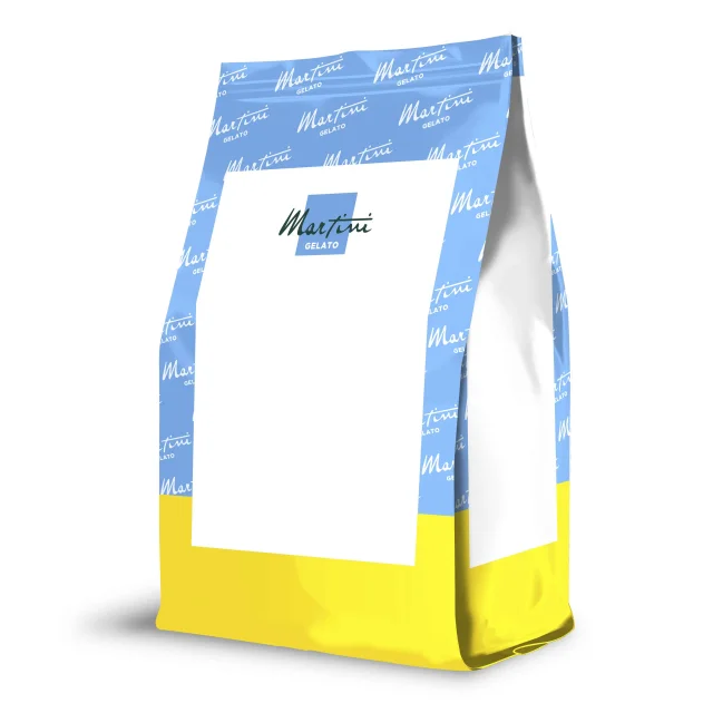 Stand-up pouch bag mockup with blue and yellow patterned top and bottom, blank white label reading "Martini Gelato."