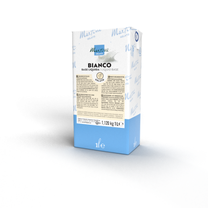 1-liter carton of Martini Gelato Bianco liquid base, white and blue packaging with product label details.