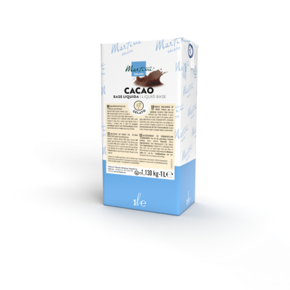 A 1-liter carton of Martini Gelato Cacao liquid base, blue and white packaging with a chocolate splash design.