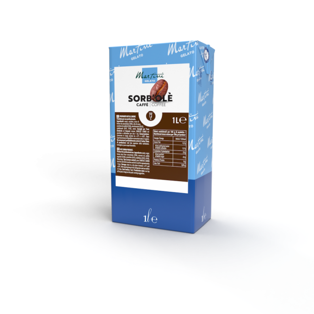 Blue and brown 1-liter carton of Martini Gelato Sorbolè coffee-flavored product with a coffee bean graphic on the label.
