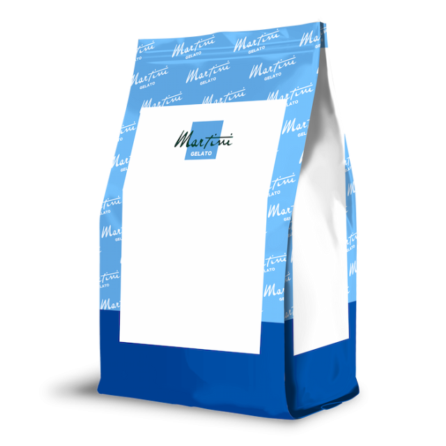 Standing pouch bag with light blue patterned top, dark blue bottom, and blank white label reading "Martini Gelato."