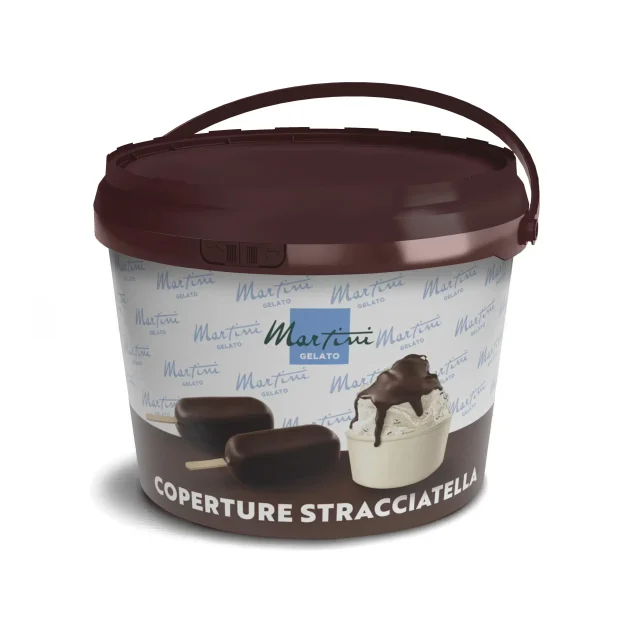Brown plastic bucket of Martini Gelato chocolate coating labeled "Coperture Stracciatella," with chocolate-dipped bar...