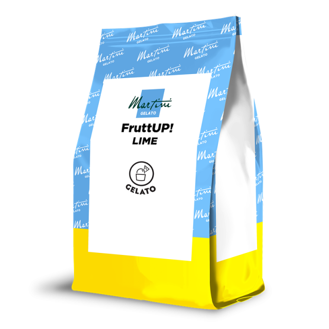 Blue and yellow stand-up pouch of Martini Gelato FruttUP! Lime, with a gelato scoop icon on the label.