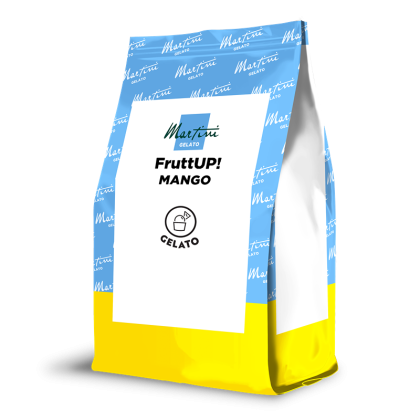 Blue and yellow stand-up pouch of Martini Gelato FruttUP! Mango mix with white label and gelato scoop icon.